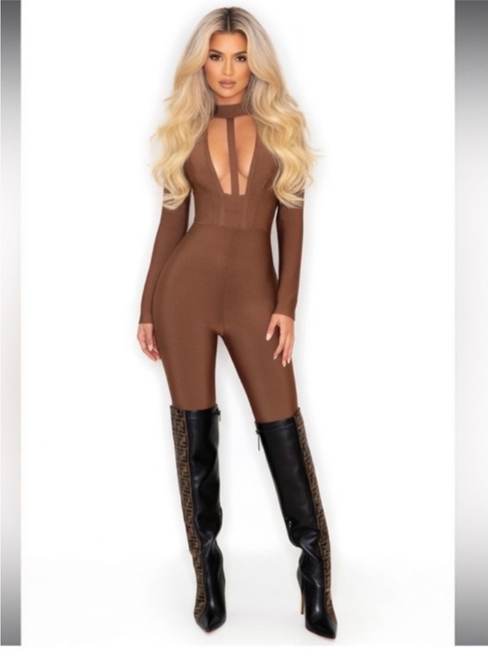 HOUSE OF CB ‘Comelle' Brown Bandage Knee Length Jumpsuit - Small $249